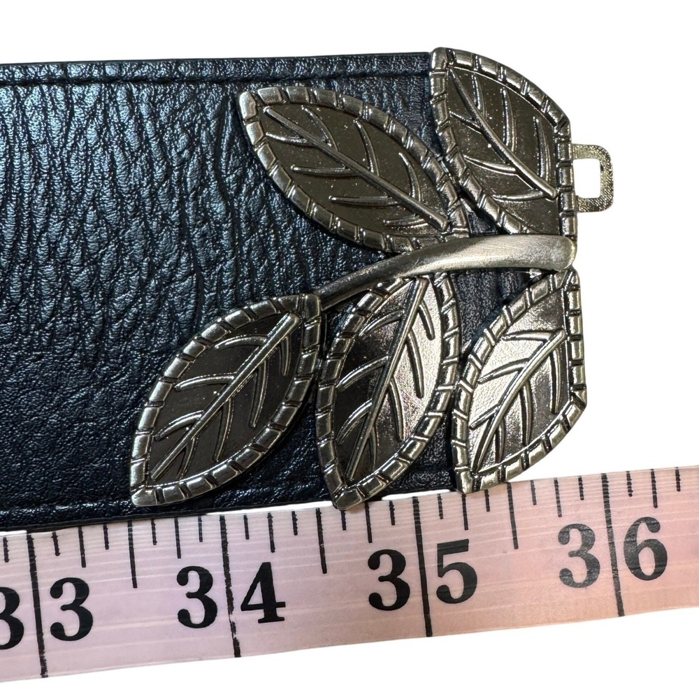 Womens Black Elastic Cinch Belt Silver Leaf Buckle Wide Waist Band 35 Inch - Picture 5 of 6